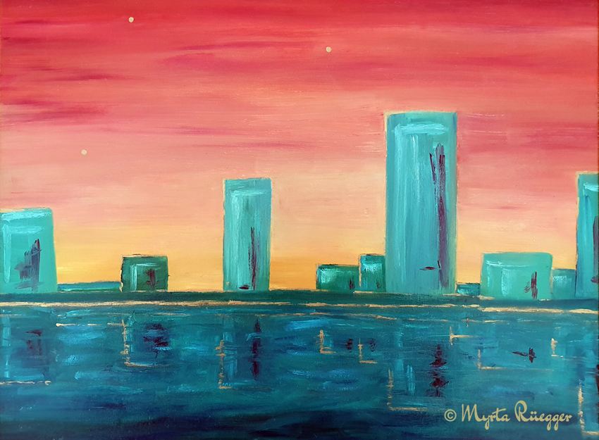 Abstrakte Skyline, gemalt mit Ölfarbe