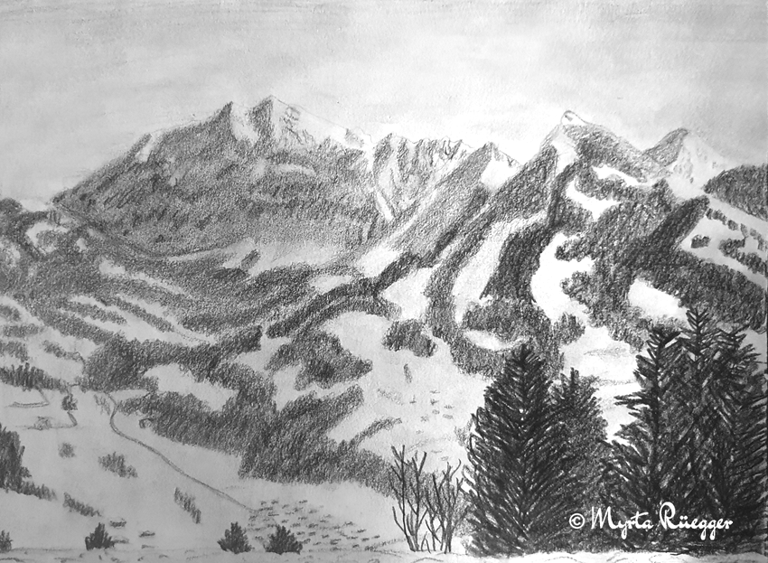 Winterlandschaft im Toggenburg, gezeichnet mit Bleistift